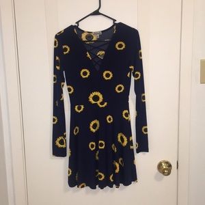 Navy Blue Long Sleeve Sunflower Dress